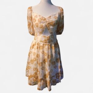 Eilly Bazar Medium Floral Puff Sleeve Chiffon Yellow Dress Cutout Open Back Tie